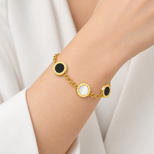 Women's Stainless Steel <b>Acrylic</b> White Shell Bracelet, Gold Tone Link Chain with Roman Numeral <b>Disc</b> Charms, Adjustable 17+3 cm - Product Image 5