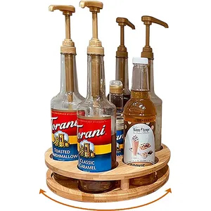 Bamboo Rotating Syrup Rack Countertop Bottles Rack Organizer Holder Lazy Susan Syrup Serving Station For Kitchen