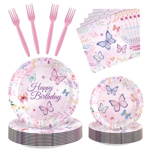 Nouveautés : Vaisselle jetable pour fête d'<span class=keywords><strong>anniversaire</strong></span> d'enfants sur le thème des papillons roses et violets, assiettes en papier, nappe, dessin animé - Product Image 6