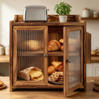 Boîte à pain en bois avec porte en verre cannelé, rangement alimentaire de comptoir, support à pain rustique pour cuisine, approvisionnement en gros usine