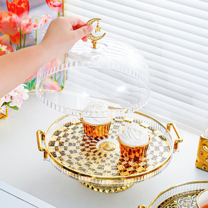 Transparent Gold Rimmed Dessert Platter With Lid Cake <b>Stand</b> For Home Party Display - Product Image 1