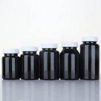 Bouteille de pilules en PET de qualité alimentaire en gros, 50cc, 100cc, 120cc, 150cc, 200cc, noire, vide, pour le stockage de médicaments et de capsules, avec couvercles