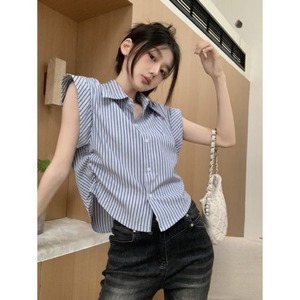 <span class=keywords><strong>Chemise</strong></span> en mousseline rayée T26232, hauts décontractés pour femmes, chemisier ample à manches courtes - Product Image 3
