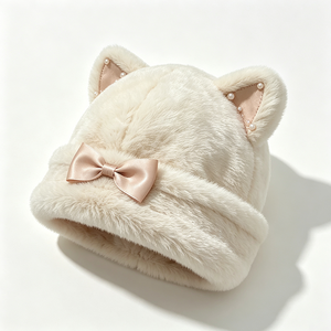 Gorro de invierno para mujer, estilo coqueta, con orejas de gato de piel sintética, lazo de satén, decoración de perlas, cálido y afelpado, para clima frío, ACE - Product Image 6