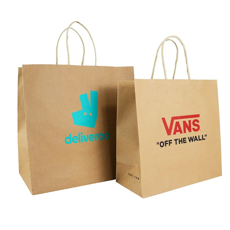 Custom Hot Stamping Logo Deliveroo Cheap Eco Recycle Take Away Packaging Printed Brown Craft Paper Food Bag With Paper Handles