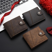 Dompet Retro gaya pendek Pria, simpel, kapasitas besar, desain tipis, banyak slot kartu, lipat ganda dengan penutup tombol.