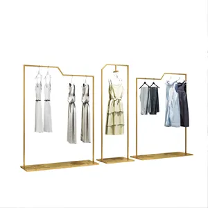 Brushed Gold Z-Shaped Clothes Hanging Pole Rack Stainless Steel Standing Square Tube Display Clothing Rack Metal Frame