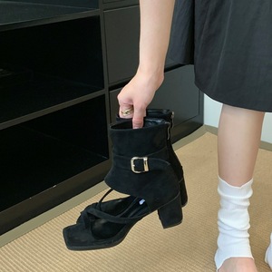 Sandales bottes à talon épais style coréen rétro 2026, avec boucle de ceinture et fermeture éclair arrière, talon haut, bout enveloppé, style romain, pour l'été - Product Image 2