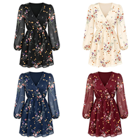 Robe Courte Décontractée et Élégante pour Femme, Personnalisable, Col en V, Manches Longues Bouffantes, Taille Élastique, en Mousseline Imprimée, Idéale pour les Fêtes