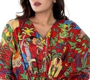 Vestido Kaftan de Algodón Hecho a Mano, Estilo Kahlo, Kimono, Ropa Bohemia para Mujer - Product Image 4