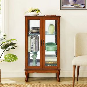 유산 골동품 나무 디스플레이 캐비닛 조정 가능한 선반 거실 보관을위한 가정용 가구를위한 어두운 다크 브라운 유리 문 - Product Image 4