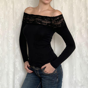 Camiseta de Manga Larga con Hombros Descubiertos y Parches de Encaje para Mujer, Ajustada, Elástica, Estilo Sexy, Color Sólido, Básica y Moderna - Product Image 3