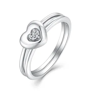 Anello di coppia apribile a forma di cuore anello di combinazione di diamanti in argento a forma di cuore set anello di moda semplice impilabile per uomini e donne
