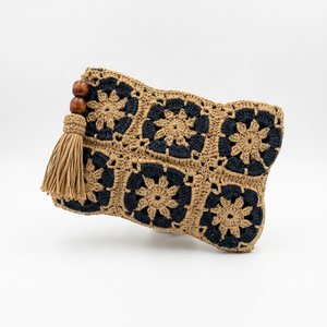 Handwoven Raffia Clutch Bag Floral <b>Straw</b> Purse Tassel Handle Bohemian Women's <b>Handbag</b> Open Cotton for Beach Travel Daily Use - Product Image 1