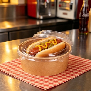 Bol à salade en papier kraft écologique, jetable, rond, avec couvercle transparent, pour service de livraison à emporter, emballage pour boutique - Product Image 1
