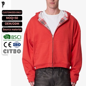 Sudadera con capucha para hombre, roja a cuadros, con cremallera completa, nueva colección 2026, estilo oversize, corta, con bolsillo frontal, vintage, streetwear, OEM, personalizada - Product Image 1