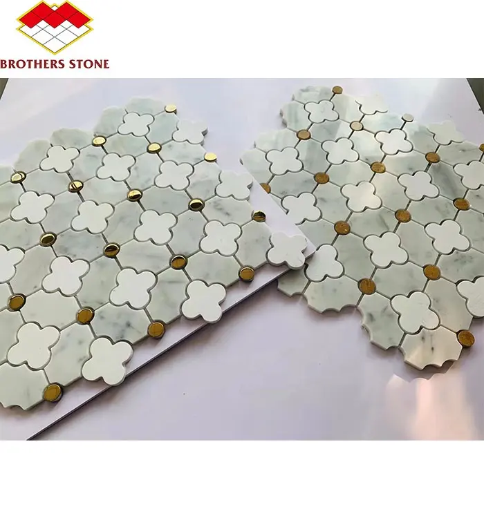 Mosaik batu alami Rosa Norvegia marmer kristal putih kuningan Inlay marmer waterjet mosaik desain dinding dan lantai
