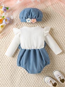 Ensemble trois pièces d'été décontracté pour filles de 0 à 1 an : chemise unie à manches courtes, jupe à bretelles fleuries et bandeau – Polyester/Coton - Product Image 2