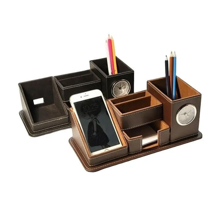 LG-B050 Handmade desk organizer PU leather pen holder for home and office with clock