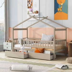 Letto Montessori per Bambini <span class=keywords><strong>a</strong></span> Una Piazza e Mezza con <span class=keywords><strong>Due</strong></span> Cassetti, Struttura in Legno di Pino Massiccio, Moderno, Pieghevole, con Contenitore, Colori Personalizzabili - Product Image 5