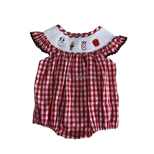 High Quality Infant Clothing Smocking Ruffles Bubble Custom Printed Fried Chicken Chips Embroidery Romper For Girl