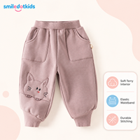 Smiledotkids Pantalons de jogging personnalisés pour enfants, rose poudré, avec appliqué chat, en tissu éponge doux, OEM ODM, pour tout-petits garçons et filles, vente en gros