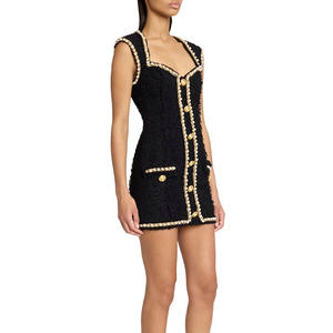 Mini <span class=keywords><strong>abito</strong></span> da donna con rivestimento <span class=keywords><strong>in</strong></span> <span class=keywords><strong>Tweed</strong></span> elegante a vita alta personalizzato con collo quadrato di alta qualità - Product Image 2