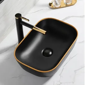 Black color gold rim manufactory direct hot sale wc sanitary ware counter mounted lavamanos hand wash basin ceramic sink