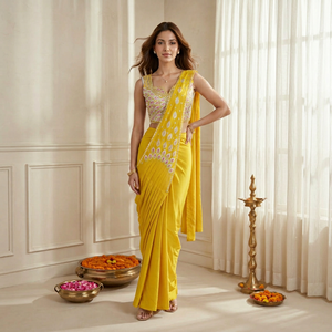 Sari de Seda Crepé Premium Amarillo Bordado con Diseño de Pallu Estampado para Bodas y Fiestas Indias, Ropa Étnica Femenina - Product Image 1