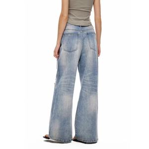 Custom Dirty Wash Blue Ripped Jeans for <b>Women</b> 100% Cotton Fabric Denim <b>Trousers</b> Ladies Vintage Baggy Pants <b>Women's</b> Jeans - Product Image 4