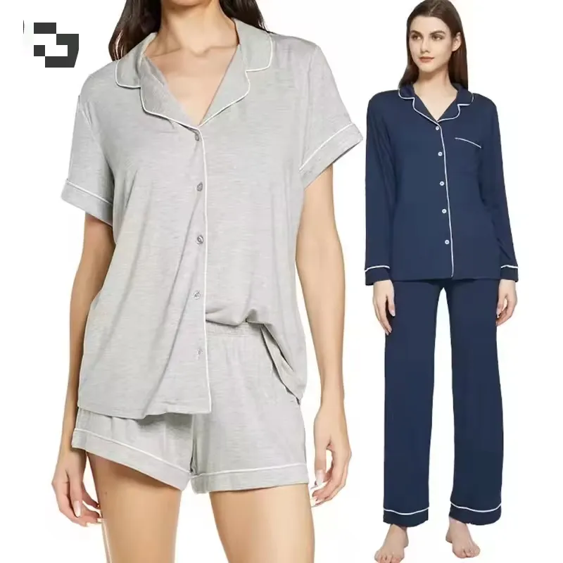 Factory Custom Designer 2 Pieces Solid Button Up Sleepwear Set Soft Cozy Bamboo Viscose Leisure Pjs Homewear Pajama For Women