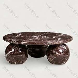 Tavolino da Caffè di Lusso in Marmo Rosso Levanto Naturale con 3 Gambe a Sfera, Tavolo Centrale Rotondo per Soggiorno - Product Image 3