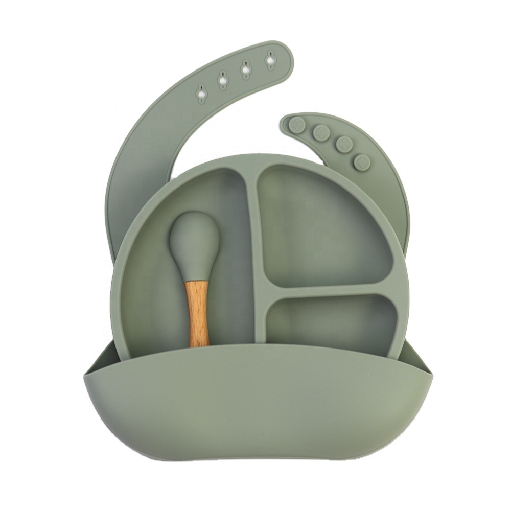 1 Set Drop Shipping Silicone Food Grade Feeding Set Baby 3 Pieces Sets With Baby Food Feeder Spoon Plate And Bib