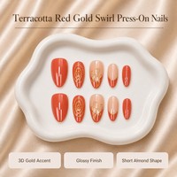 H41 Kaixin Faux Ongles à Presser Personnalisés Rouge Terre Cuite avec Tourbillon Doré, Fournitures pour Ongles Français Rouges avec Accent Doré 3D pour Intérieur