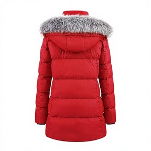 Chaqueta acolchada roja para mujer con capucha con ribete de piel, abrigo largo de invierno, manga larga, parka gruesa y cálida - Product Image 2