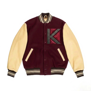 แจ็คเก็ตวาร์ซิตี้สีเบจสำหรับผู้ชาย รุ่น KVJ132 ตัวเสื้อสีน้ำเงินรอยัล แขนปักลายขนสัตว์  พร้อมแพทช์เชนิลล์  แบบปรับแต่งได้ - Product Image 2