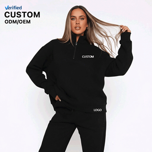 Conjunto de chándal de 2 piezas de algodón 100% personalizado OEM para mujer, con <span class=keywords><strong>sudadera</strong></span> con <span class=keywords><strong>capucha</strong></span> de media cremallera y pantalones de chándal tipo jogger, estilo urbano y holgado. - Product Image 1