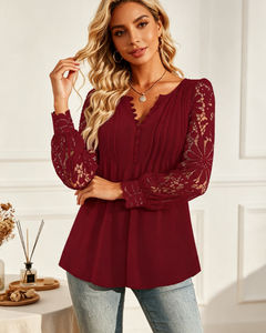 Blusa de manga larga con cuello en V y media placa para mujer, ajuste holgado, manga calada, informal, para uso diario, oficina, elegante, tops para mujer - Product Image 2