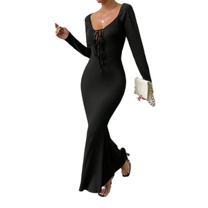 Robes longues élégantes et personnalisées de haute qualité pour femmes, avec col en U large, manches longues et taille ajustée, à nouer devant, pour un look raffiné. - Product Image 1