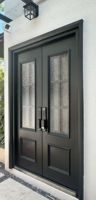 Puerta Doble de Entrada Clásica Francesa con Arco de Aluminio, Impermeable, con Ventanal, Vidrio Templado, Panel Tallado, Seguridad para Villa