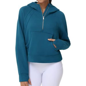 FOXA Sweat à capuche pour femme, demi-zip, manches longues, en polaire, coupe courte, avec poches et trous pour les pouces - Product Image 1