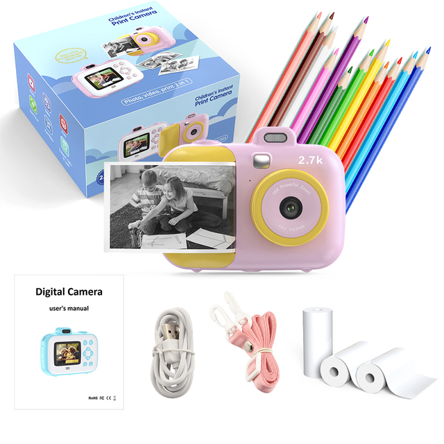 2.7K 42MP 1080P HD Mini Kids Instant Camera with 16x Zoom Thermal Print CMOS Sensor TF Card Children's Photo Gift