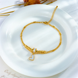 Chevillères assorties pour femmes, style français, double couche, avec coquille blanche souple en forme de cœur et perles en forme de barillet en cristal, pour la plage, en acier inoxydable, vente en gros - Product Image 3