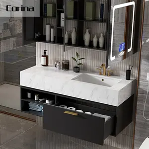 2020 popular integrado de parede-montagem de superfície sólida pia do banheiro uma peça bacia do banheiro e topo da vanity