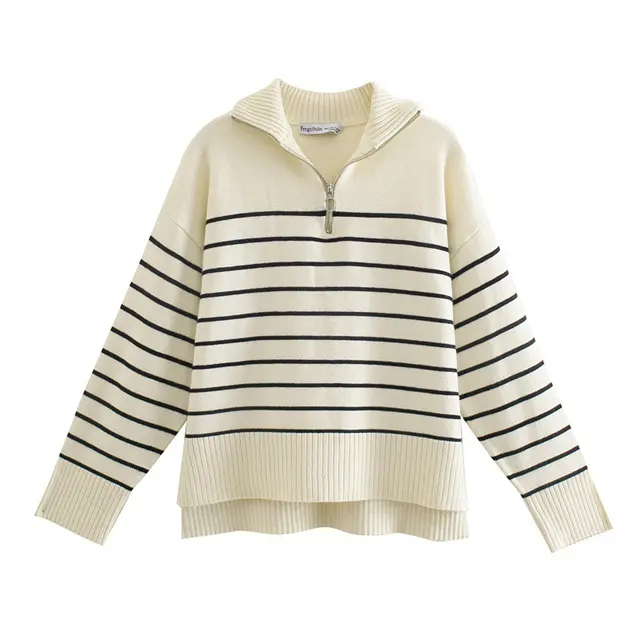 Stamd Collar Casual Outdoor Half Zip Pull Over Sweater for Women Contrast Color Striped Knit Sweater