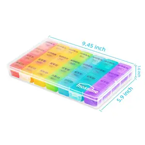 प्लास्टिक BPA मुक्त कस्टम लोगो अनुकूलित रंग डिजाइन गोली बॉक्स 7 दिनों 28 जाली इंद्रधनुष साप्ताहिक चिकित्सा बॉक्स गोली निकालने की मशीन