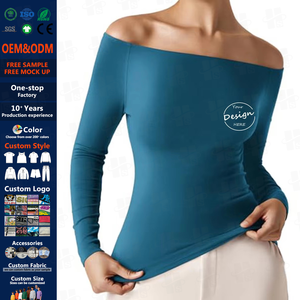 Venta al por mayor a granel, nuevo diseño informal, estilo deportivo, cuello Barco, <span class=keywords><strong>hombros</strong></span> descubiertos, camisas para mujer, camisetas de <span class=keywords><strong>manga</strong></span> <span class=keywords><strong>larga</strong></span> ajustadas - Product Image 1