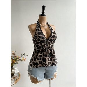 Haut licou peplum pour femme, imprimé léopard, dos nu, en mousseline, taille empire, pour l'été et les sorties - Product Image 4