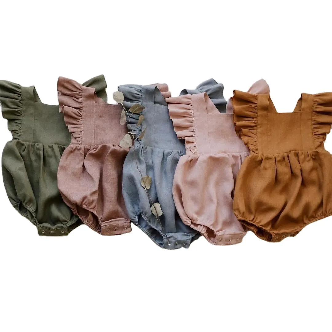 Free Sample Australia US Infant Linen Cotton Bodysuits Ruffles Fly Sleeve Linen Cotton Romper French Linen Jumpsuits