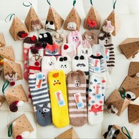 Chaussettes de Noël de style japonais brodées en polaire corail 3D, motifs de dessins animés, épaisses, style serviette, mi-pile, pour femmes
